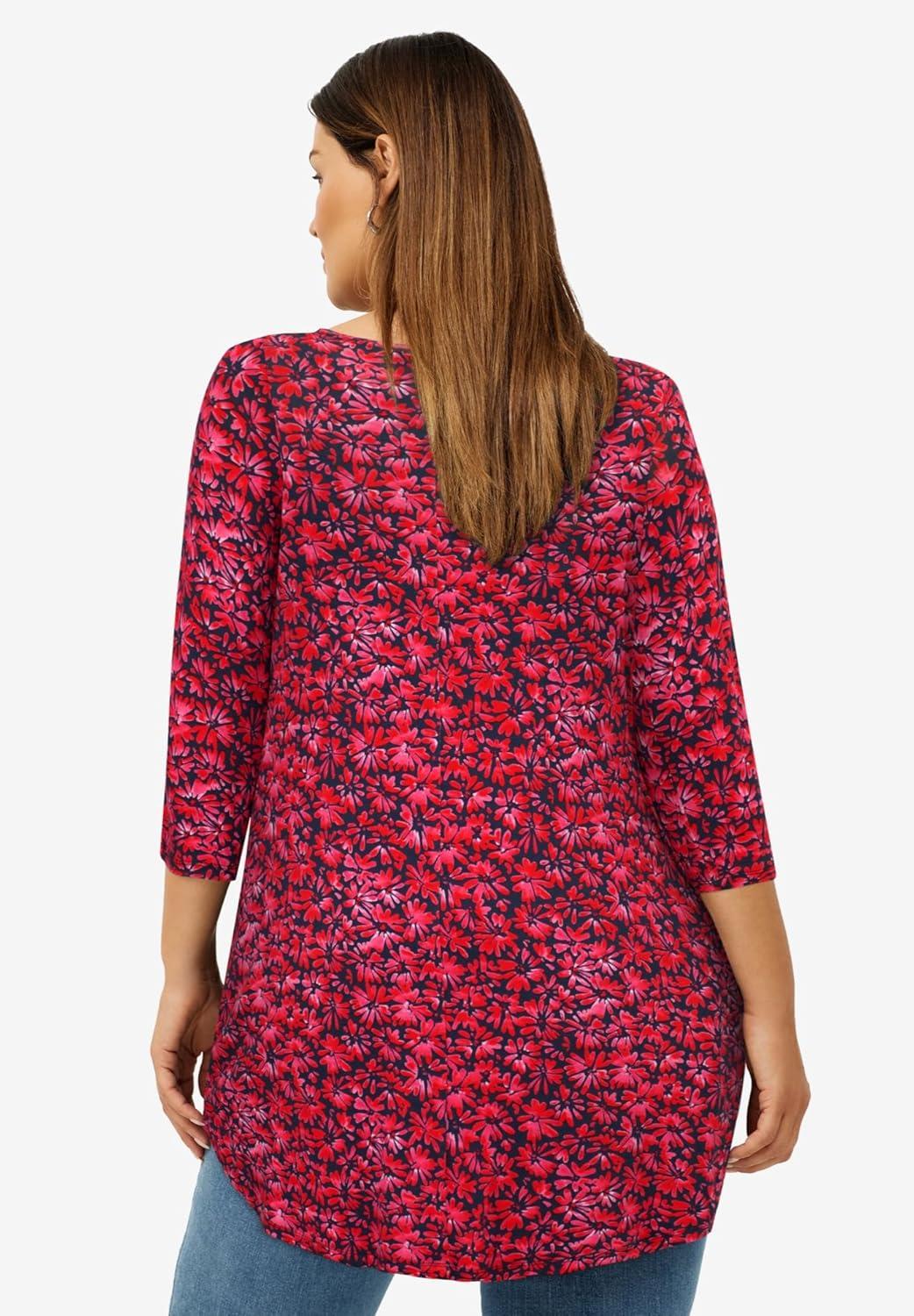 image:imageellos Plus Size Stretch Knit Scoop Neck 34 Sleeve Curved Hem TunicPeriwinkle Raspberry Floral