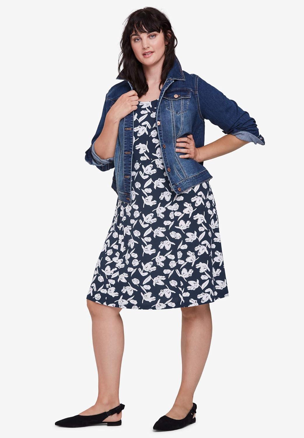 image:imageellos Plus Size Stretch Knit Scoop Neck Sleeveless Fit and Flare DressPale Blush Black Floral