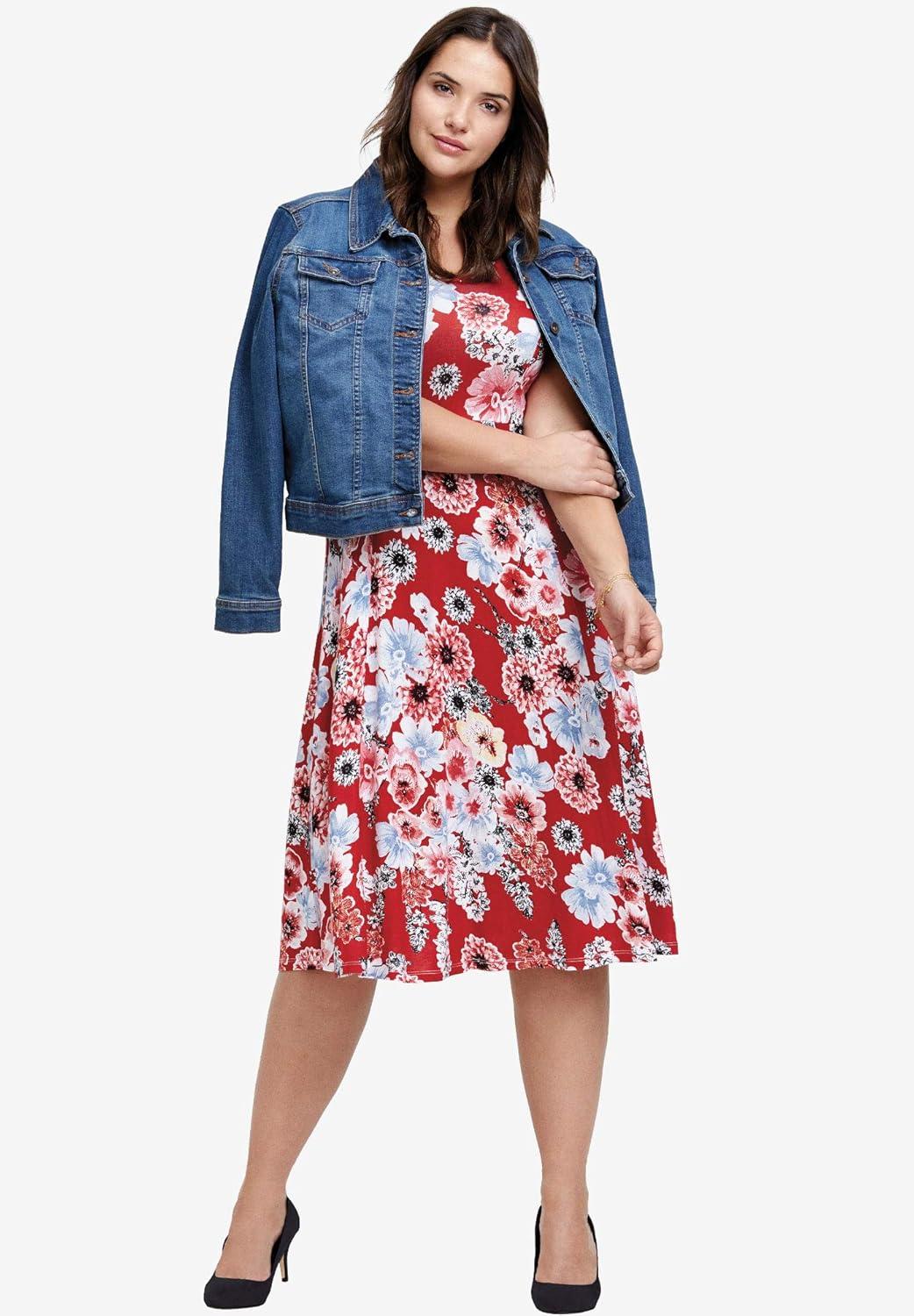 image:imageellos Plus Size Stretch Knit Scoop Neck Sleeveless Fit and Flare DressPale Blush Black Floral