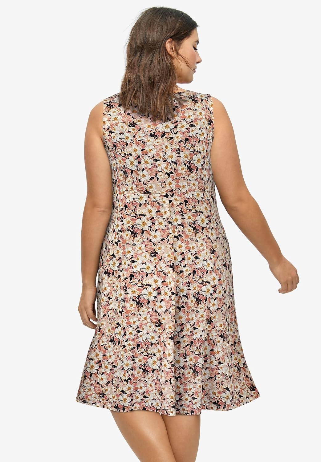 image:imageellos Plus Size Stretch Knit Scoop Neck Sleeveless Fit and Flare DressPale Blush Black Floral