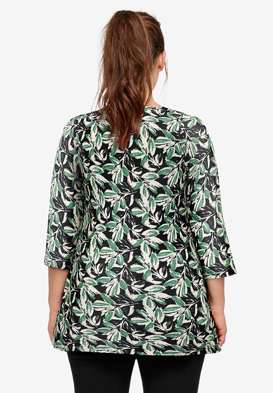 image:imageellos Plus Size Stretch Knit VNeck 34 Sleeve Knot Front TunicBlack Green Leaf Print