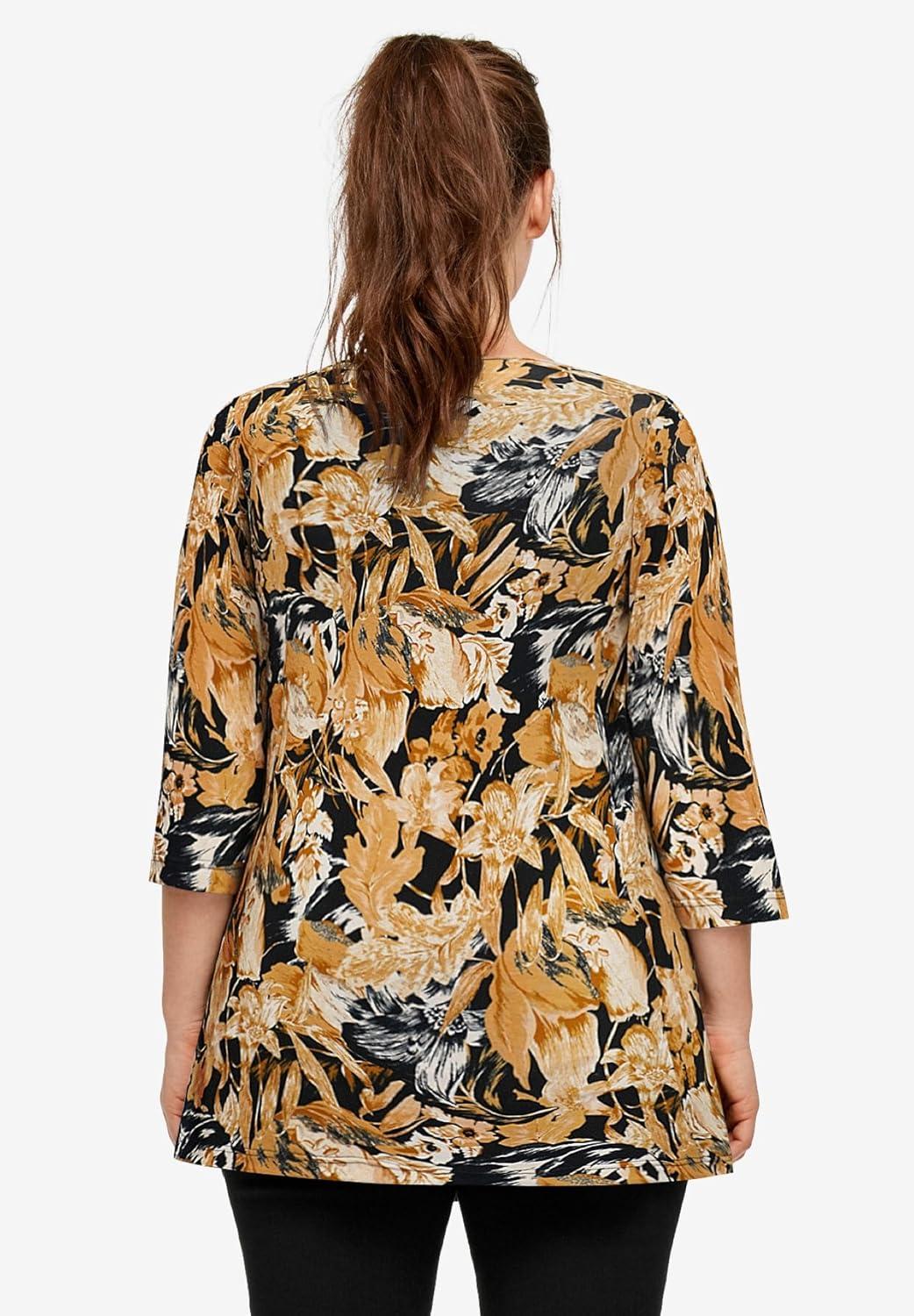 image:imageellos Plus Size Stretch Knit VNeck 34 Sleeve Knot Front TunicBlack Neutral Floral