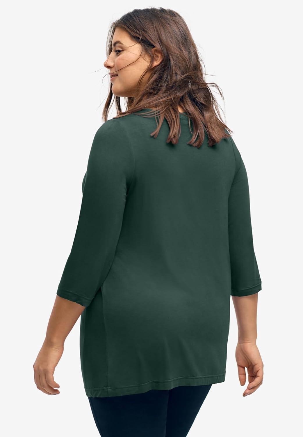 image:imageellos Plus Size Stretch Knit VNeck 34 Sleeve Knot Front TunicDeep Emerald
