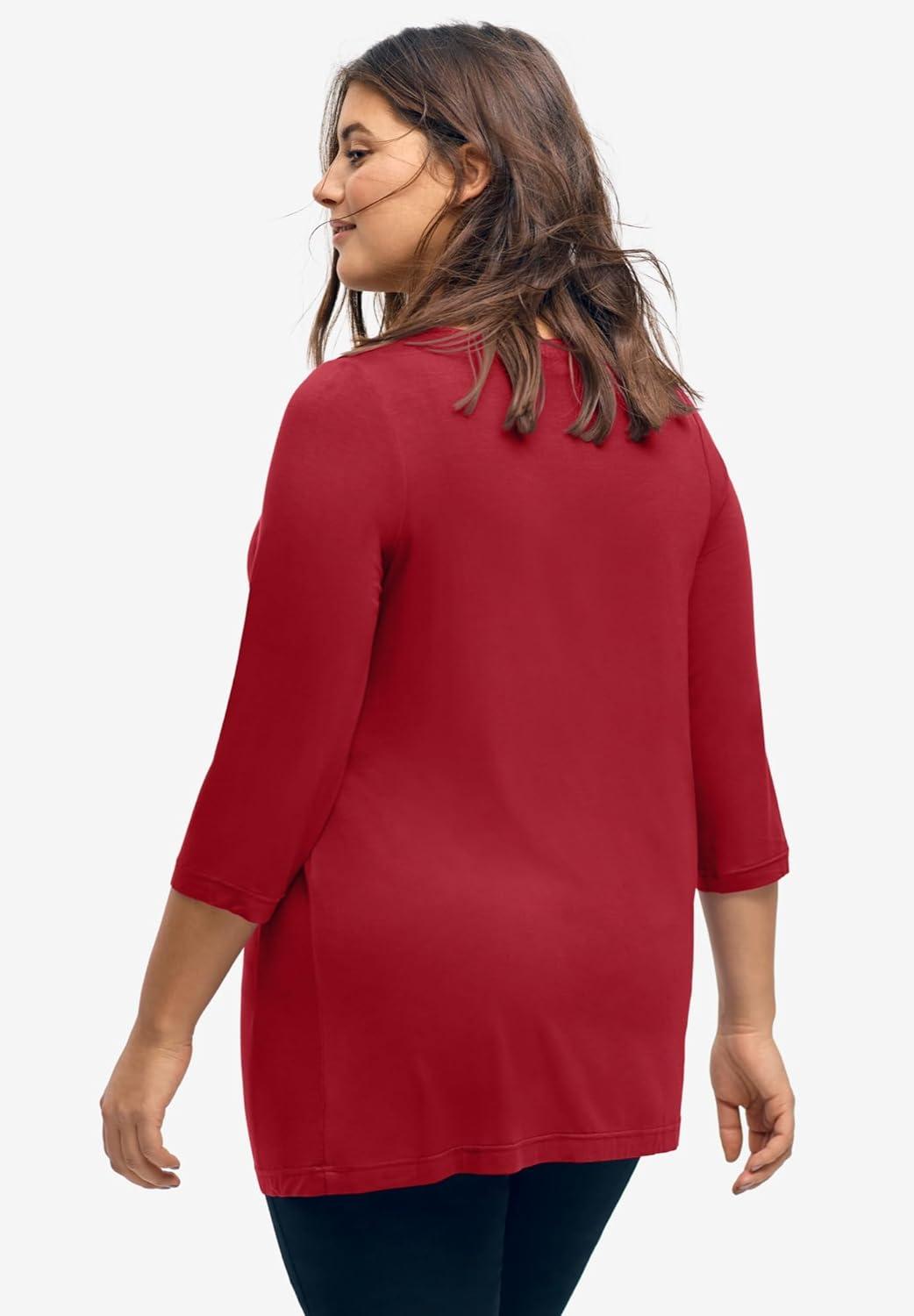 image:imageellos Plus Size Stretch Knit VNeck 34 Sleeve Knot Front TunicRich Red