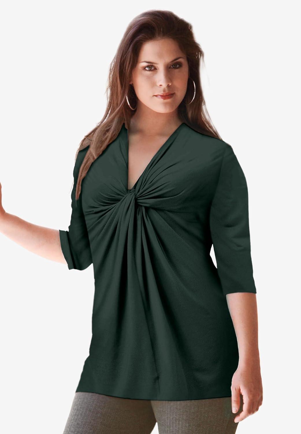image:imageellos Plus Size Stretch Knit VNeck 34 Sleeve Knot Front TunicShadow Rose