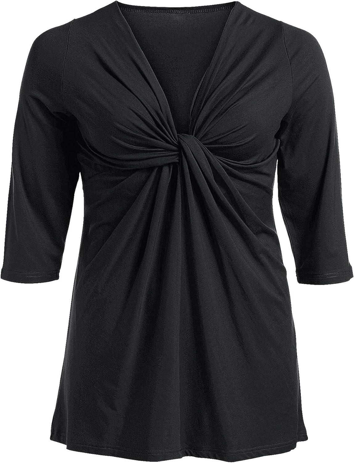 image:imageellos Plus Size Stretch Knit VNeck 34 Sleeve Knot Front TunicTwilight Blue