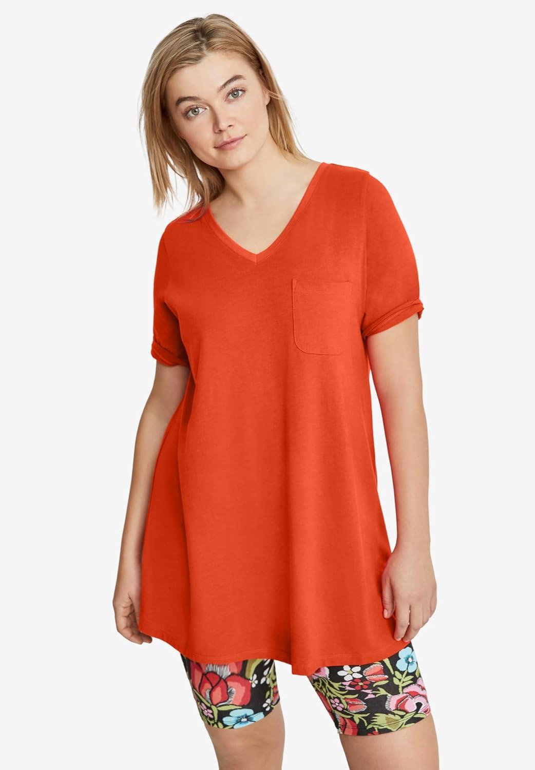 image:imageellos Plus Size Stretch Knit VNeck Short Sleeve Chest Pocket TunicBurnt Olive