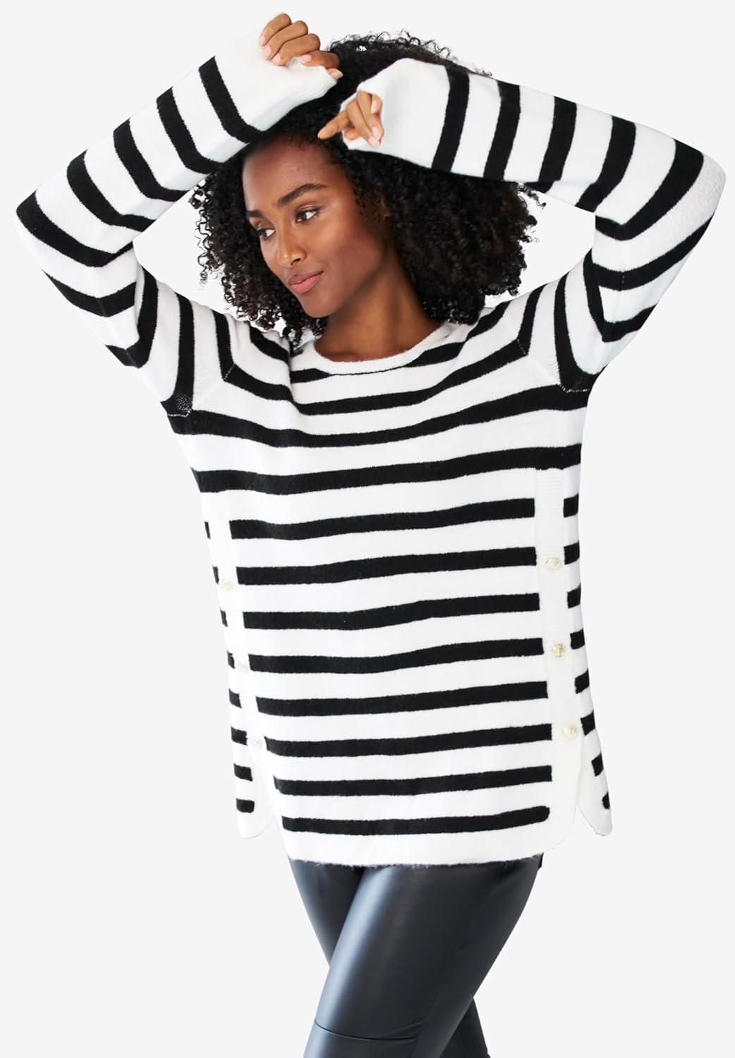image:imageellos Plus Size Stretch Scoop Neck Curved Hem with Buttons Pullover SweaterMarine Blue