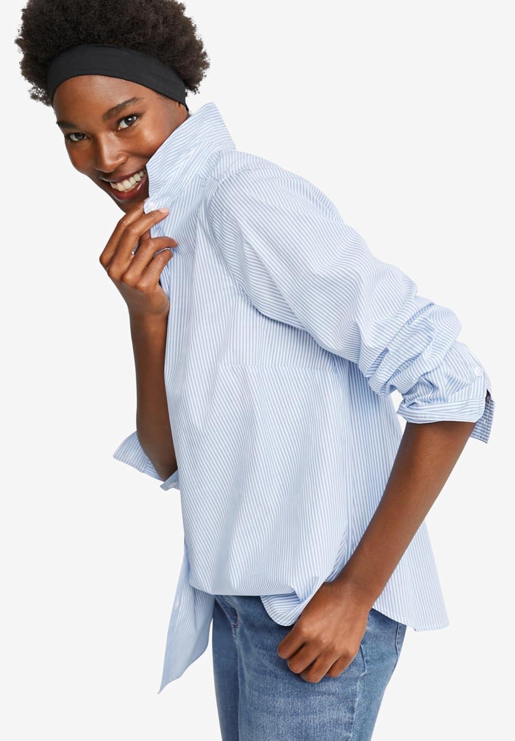 image:imageellos Womens Plus Size Long Sleeve ButtonDown Shirt Oversized Tunic BlouseFrench Blue White Stripe