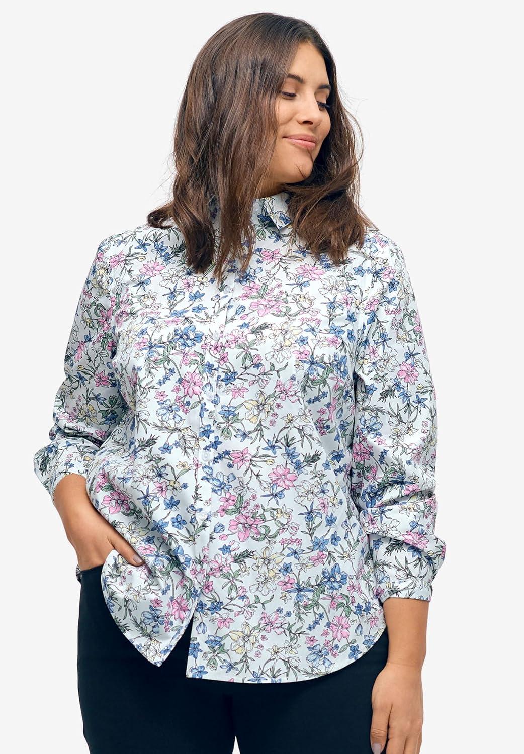 image:imageellos Womens Plus Size Long Sleeve ButtonDown Shirt Oversized Tunic BlouseFrench Blue White Stripe