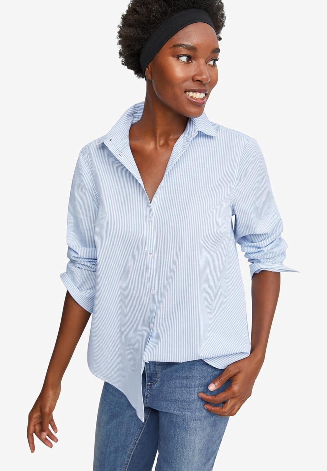 image:imageellos Womens Plus Size Long Sleeve ButtonDown Shirt Oversized Tunic BlouseWhite