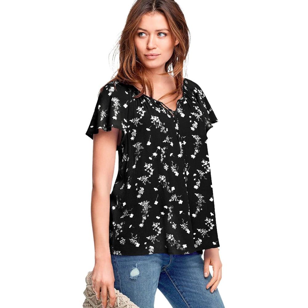 image:imageEllos Plus Size Flutter Sleeve BlouseBlack Floral