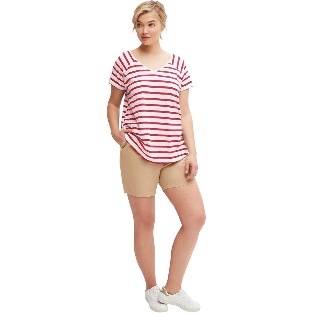 image:imageEllos Plus Size Rounded VNeck TeeChili Red White Stripe