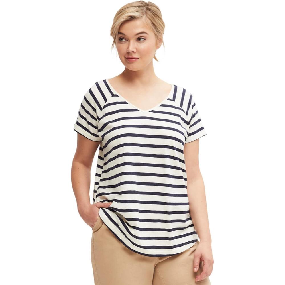 image:imageEllos Plus Size Rounded VNeck TeeIvory Navy Stripe