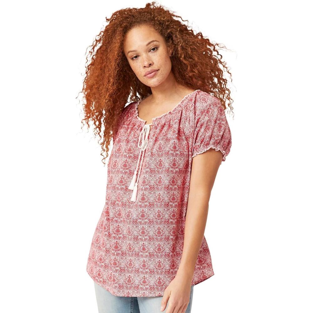 image:imageEllos Plus Size Ruffle Trim Peasant BlouseApple Red Medallion