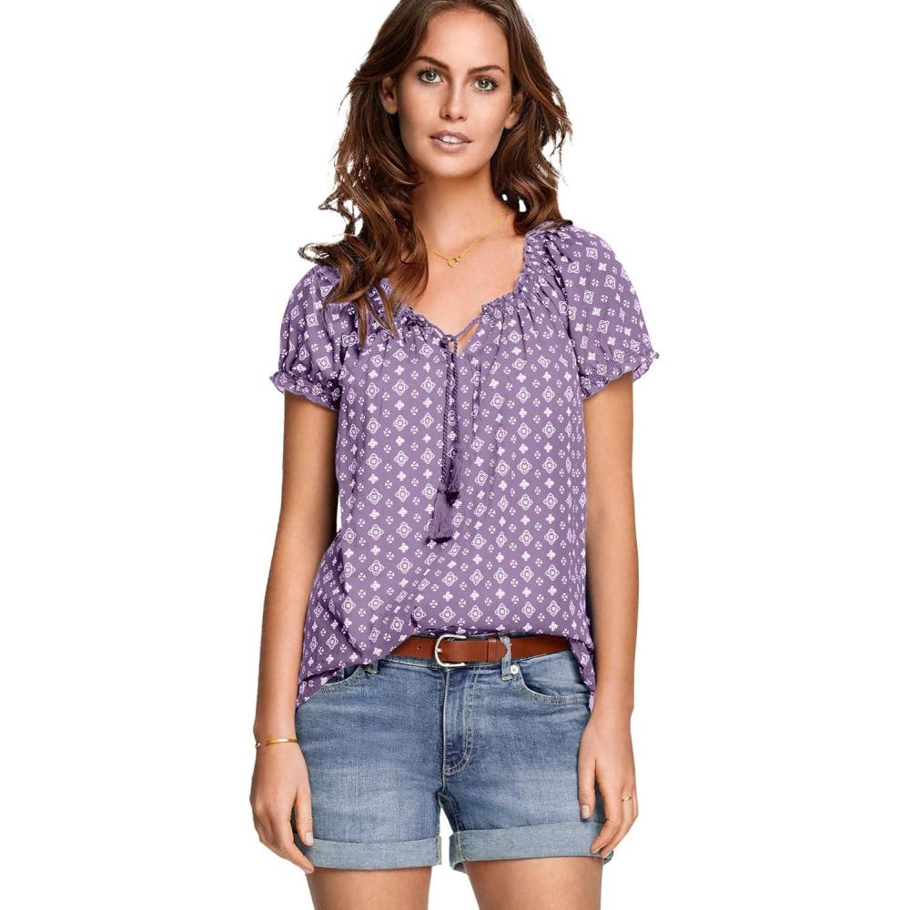 image:imageEllos Plus Size Ruffle Trim Peasant BlouseViolet Haze White Print