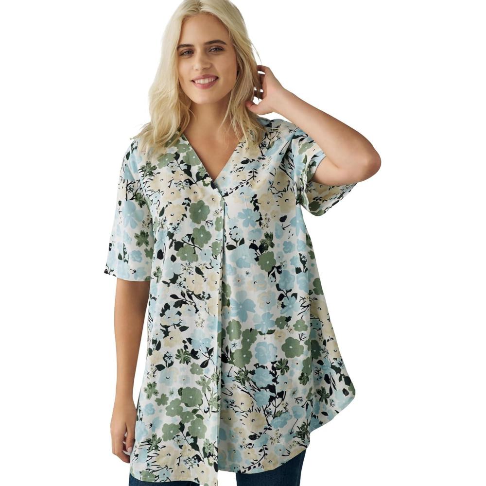 image:imageEllos Plus Size Short Sleeve Inverted Pleat TunicWhite Aqua Sky Floral