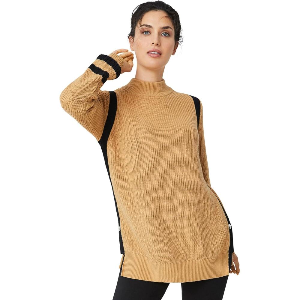 image:imageEllos Plus Size Side Stripe Mockneck SweaterSoft Camel