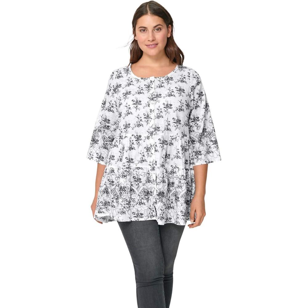 image:imageEllos Plus Size Tiered Floral 34 Sleeve TunicBlack White Print