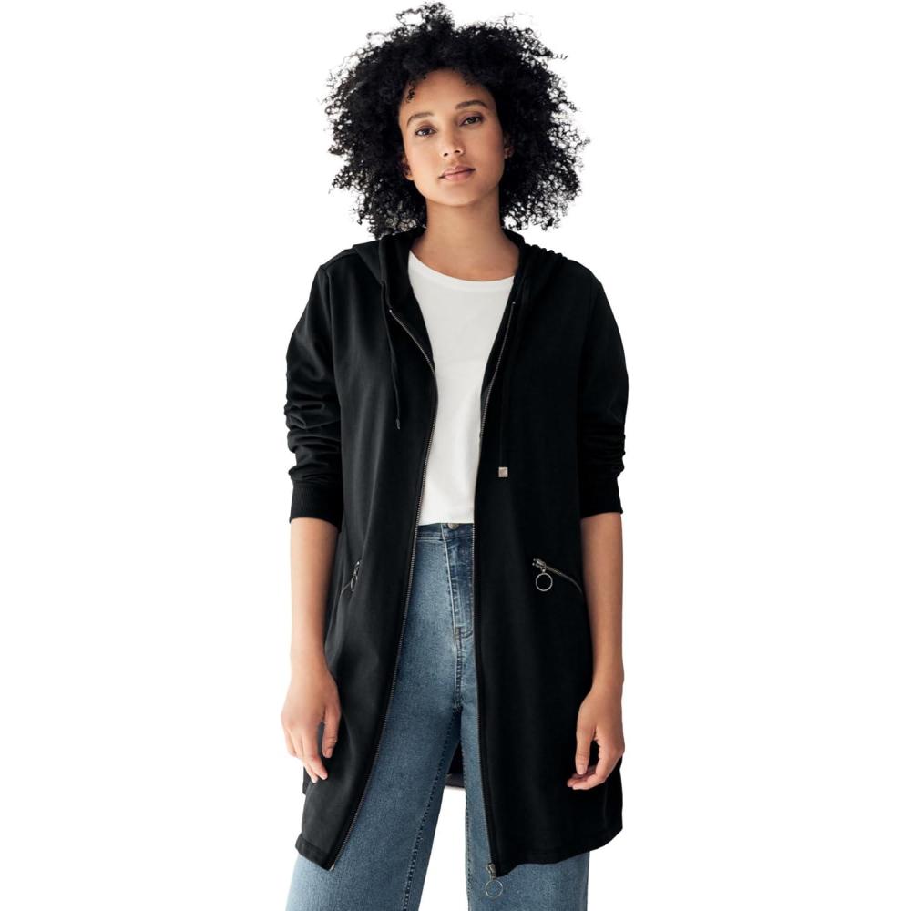 image:imageEllos Womens Plus Size ZipFront Hoodie With Zip Pockets French Terry Long Oversized JacketBlack