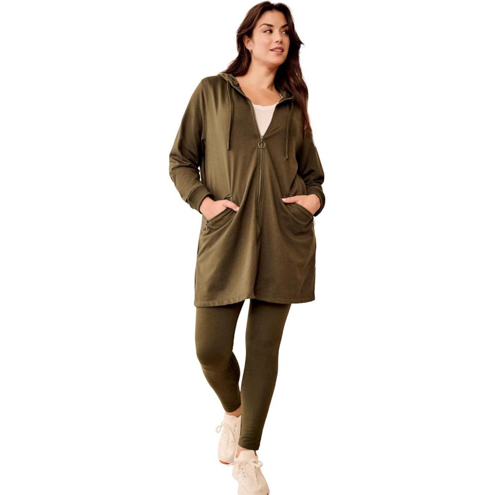 image:imageEllos Womens Plus Size ZipFront Hoodie With Zip Pockets French Terry Long Oversized JacketDeep Olive