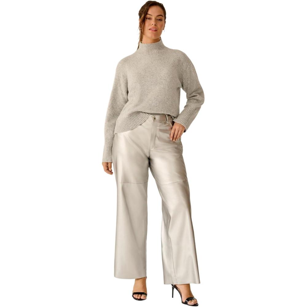 image:imageellos Plus Size 5 Pocket Faux Leather Wide Leg PantsSilver Metallic