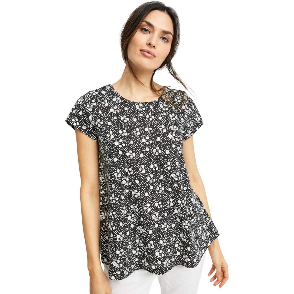 image:imageellos Plus Size Cotton Jersey Slub Cap Sleeve Trapeze TeeBlack White Ditsy Floral