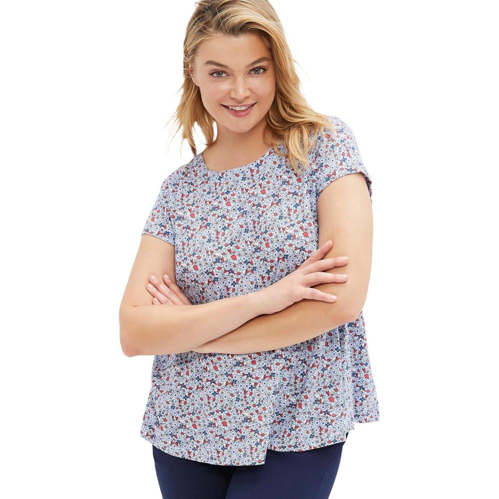 image:imageellos Plus Size Cotton Jersey Slub Cap Sleeve Trapeze TeeBlue Red Ditsy