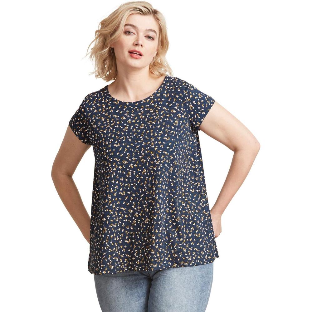 image:imageellos Plus Size Cotton Jersey Slub Cap Sleeve Trapeze TeeNavy White Ditsy