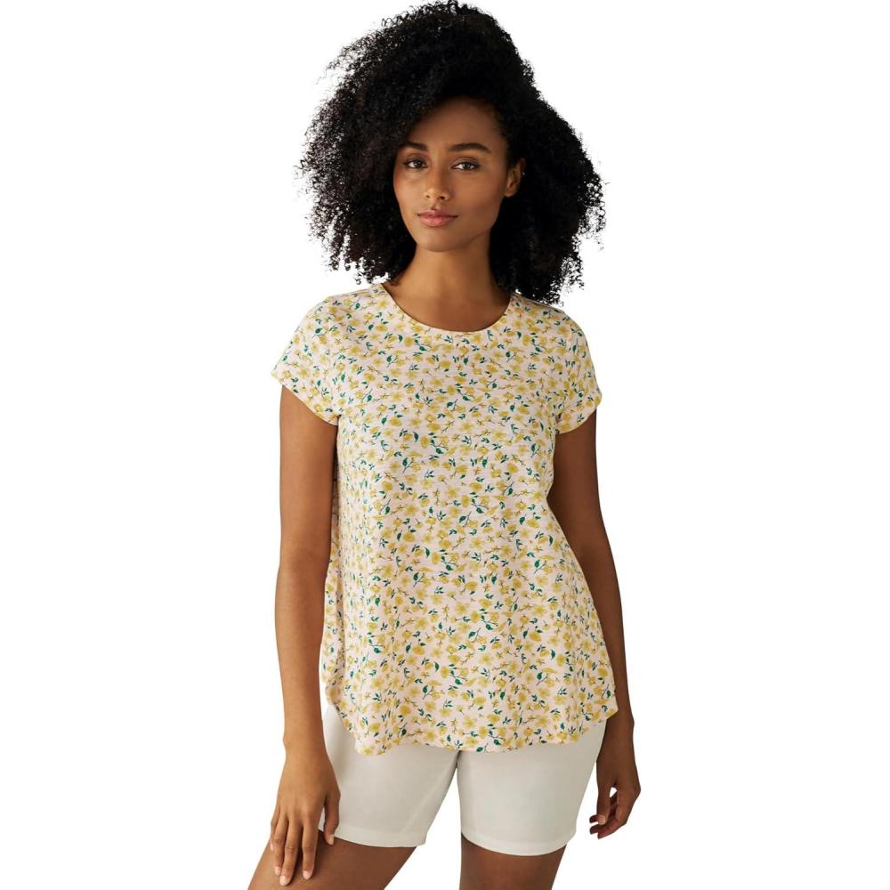 image:imageellos Plus Size Cotton Jersey Slub Cap Sleeve Trapeze TeeOrchid Pink Yellow Floral
