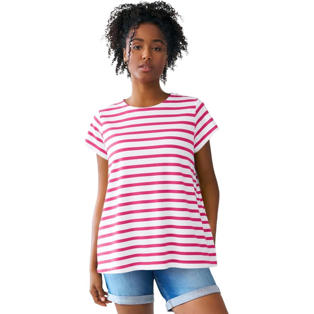 image:imageellos Plus Size Cotton Jersey Slub Cap Sleeve Trapeze TeeWhite Raspberry Sorbet Stripe