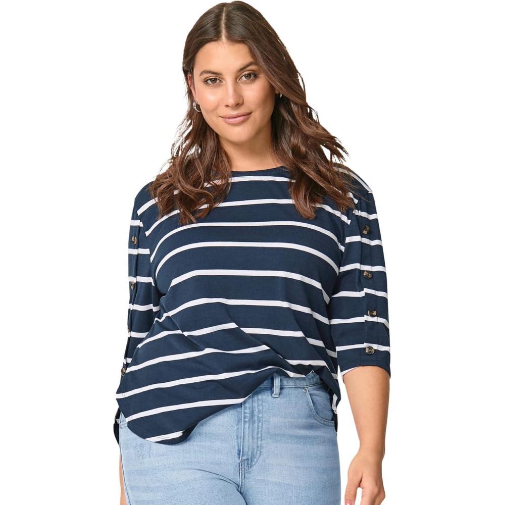 image:imageellos Plus Size Cotton Spandex Boat Neck 34 Sleeve Button Trim TeeNavy White Stripe