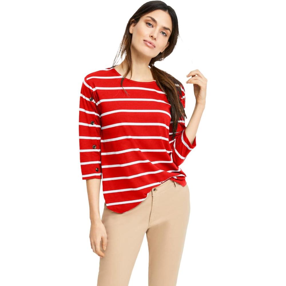 image:imageellos Plus Size Cotton Spandex Boat Neck 34 Sleeve Button Trim TeeRadiant Red White Stripe
