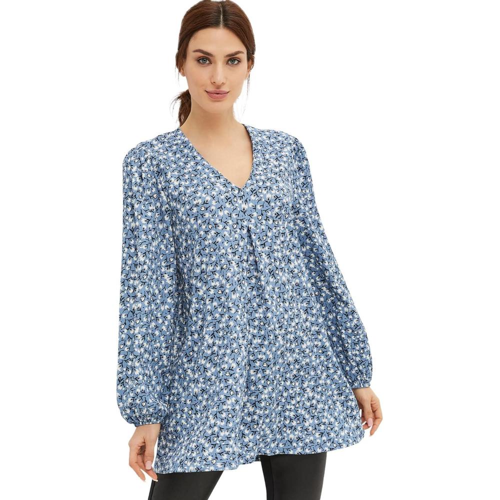 image:imageellos Plus Size Inverted Pleat Textured Knit Tunic with Blouson SleevesBlue Shadow Ditsy Floral