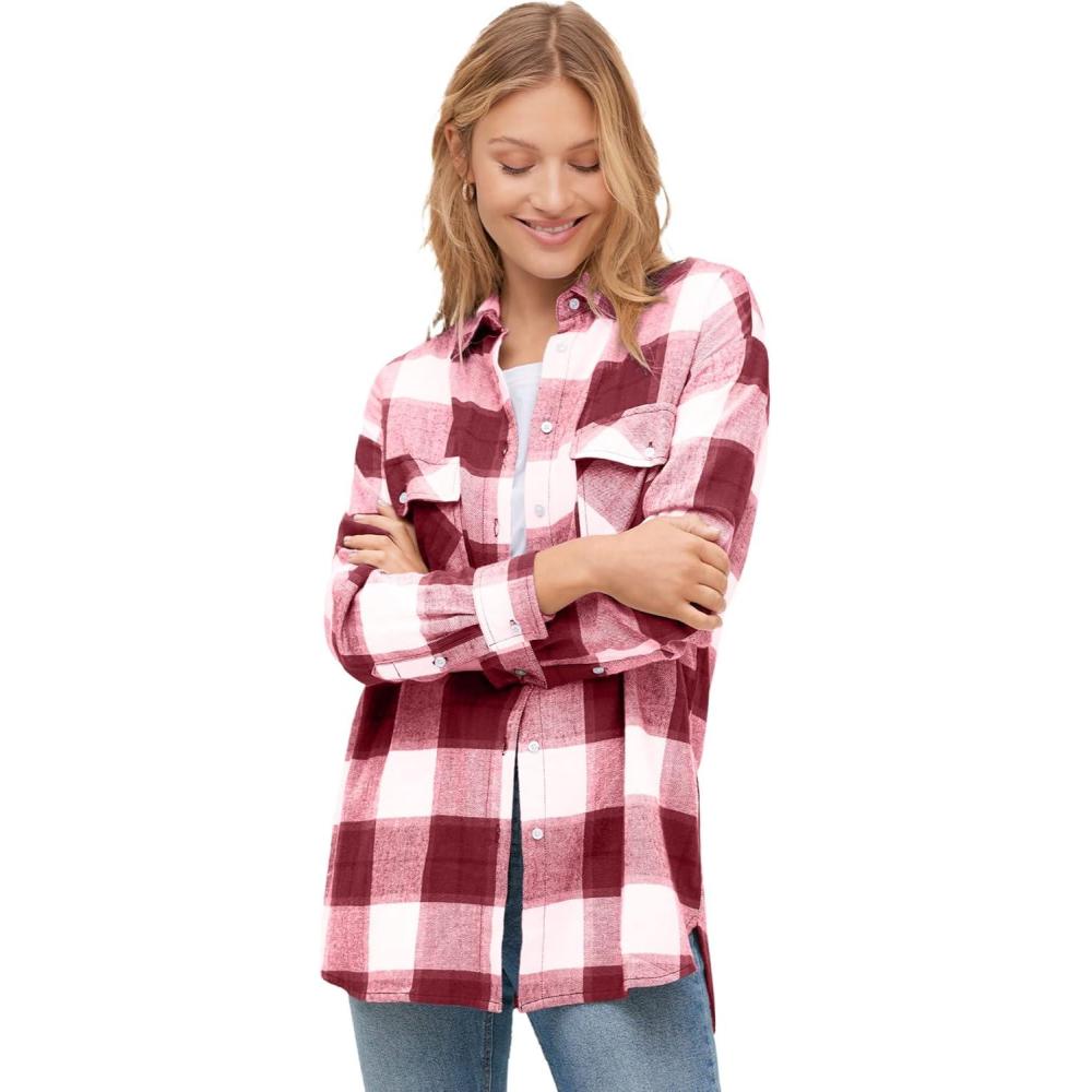 image:imageellos Plus Size Plaid ButtonFront Flannel TunicMaroon Red White Plaid