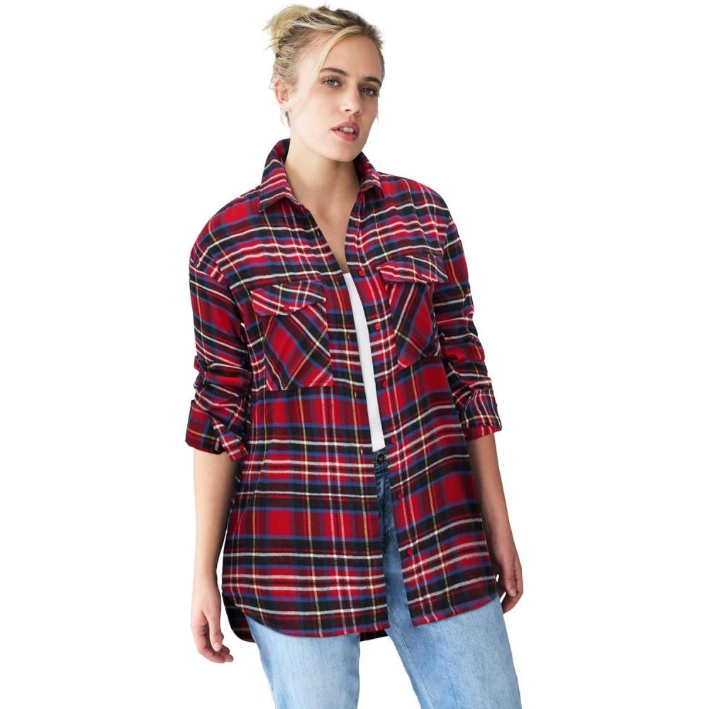 image:imageellos Plus Size Plaid ButtonFront Flannel TunicRed Tartan Plaid