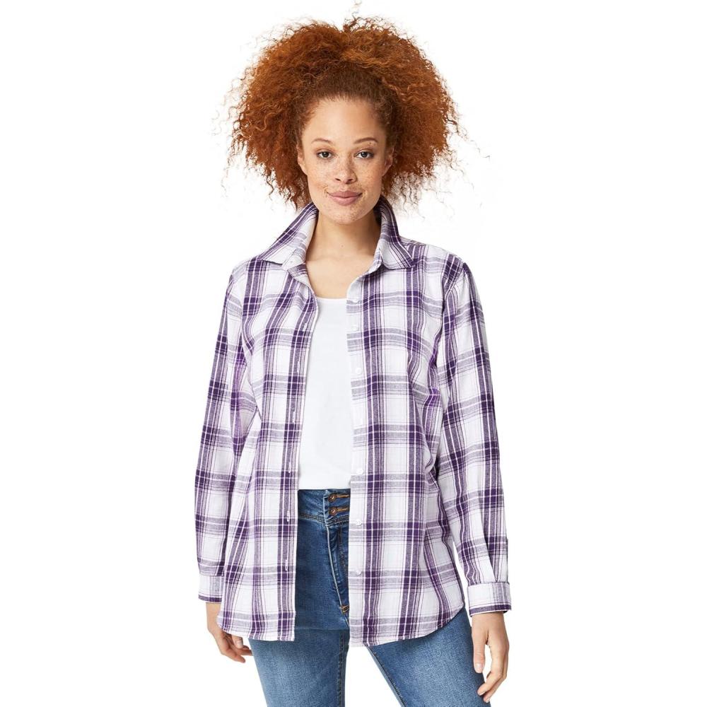 image:imageellos Plus Size Plaid Flannel ShirtPurple Ivory Plaid