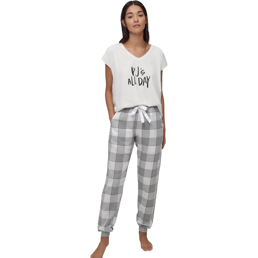 image:imageellos Plus Size Plaid Flannel Sleep PantsGrey White Plaid
