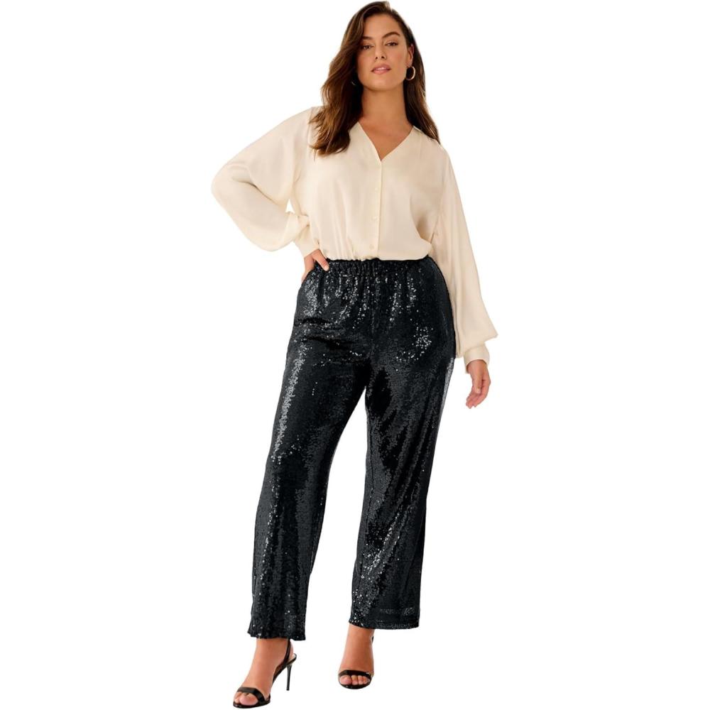 image:imageellos Plus Size Relaxed Sequin Pants With Elastic WaistBlack