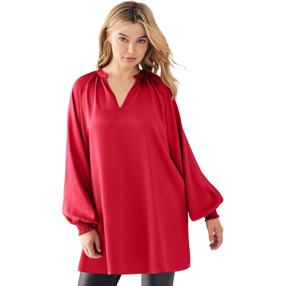 image:imageellos Plus Size Satin VNeck Tunic With Blouson SleevesClassic Red