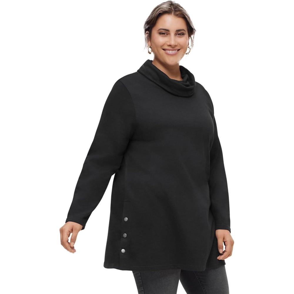 image:imageellos Plus Size Side Snap Cowl Neck French Terry Sweatshirt TunicBlack