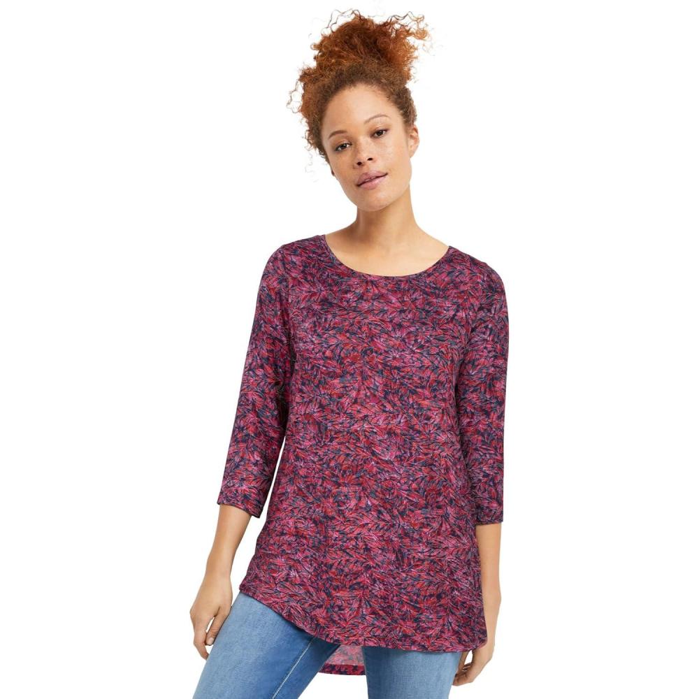 image:imageellos Plus Size Stretch Knit Scoop Neck 34 Sleeve Curved Hem TunicPeriwinkle Raspberry Floral