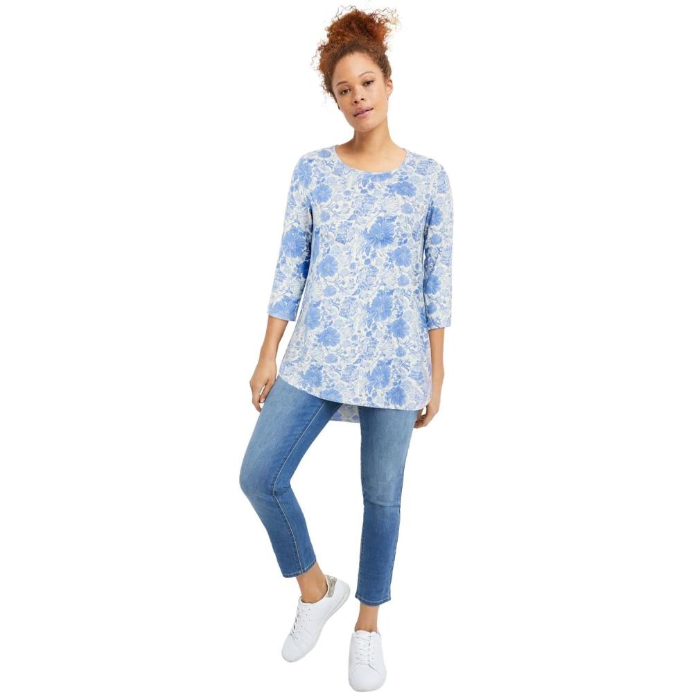 image:imageellos Plus Size Stretch Knit Scoop Neck 34 Sleeve Curved Hem TunicWhite Blue Cove Floral