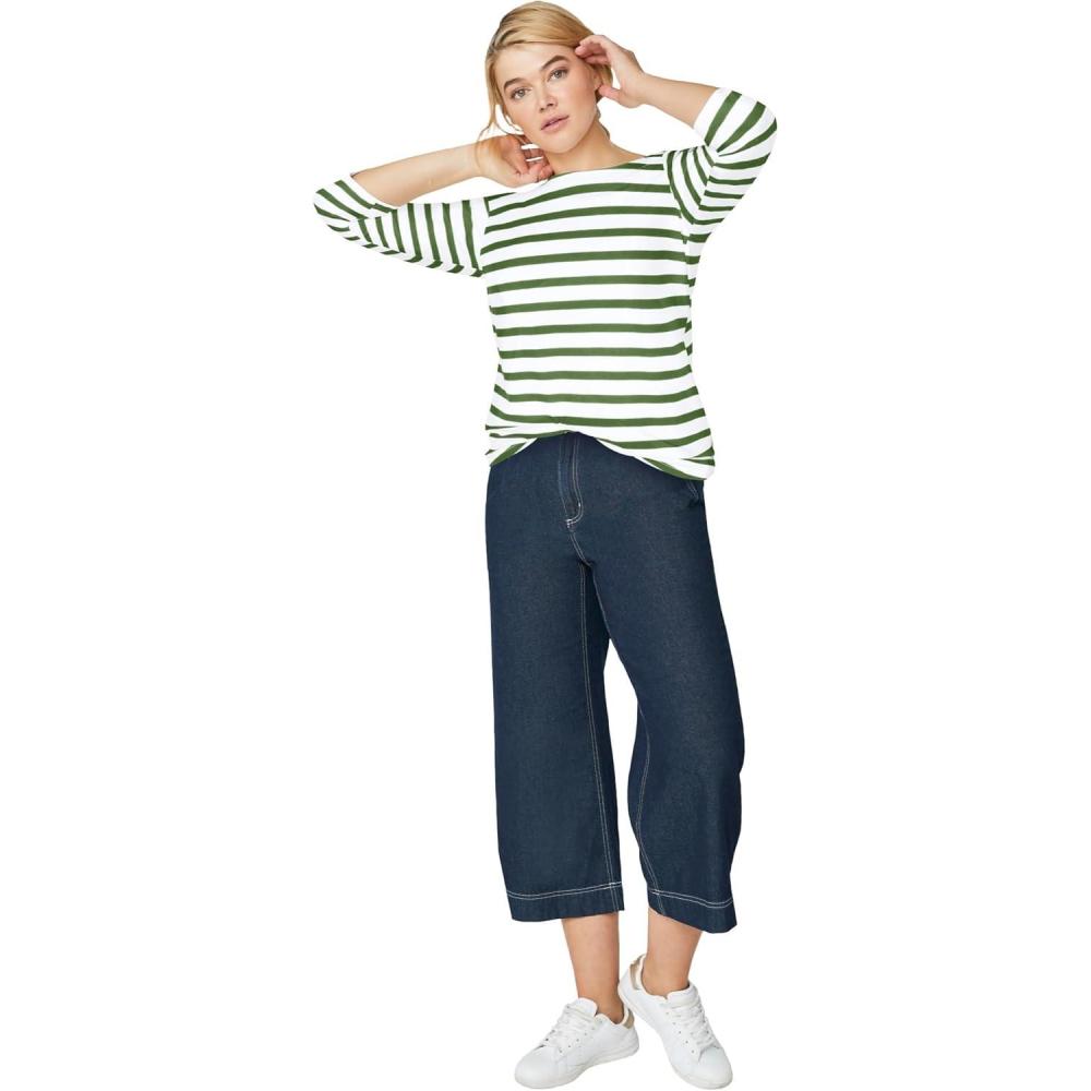 image:imageellos Plus Size Stretch Knit Scoop Neck 34 Sleeve TopWhite Green Vine Stripe