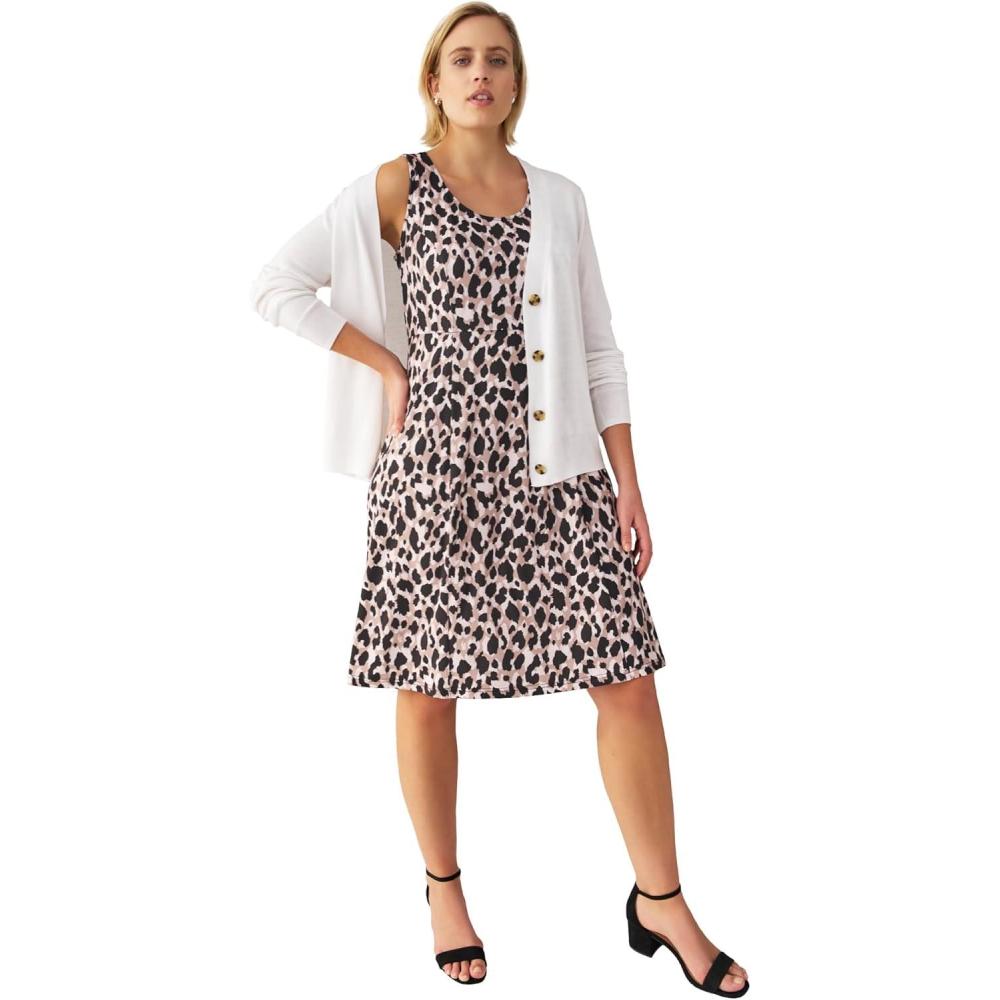 image:imageellos Plus Size Stretch Knit Scoop Neck Sleeveless Fit and Flare DressAnimal Print