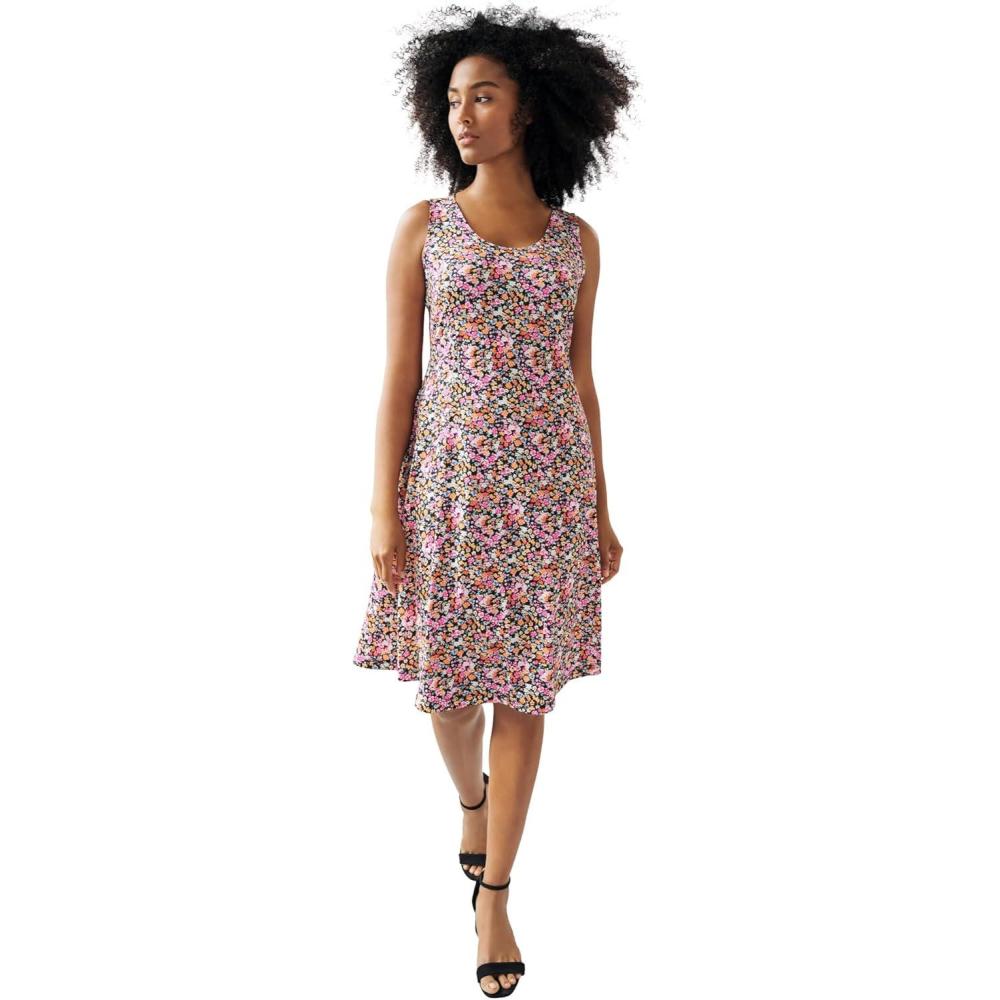 image:imageellos Plus Size Stretch Knit Scoop Neck Sleeveless Fit and Flare DressBlack Ditsy Floral