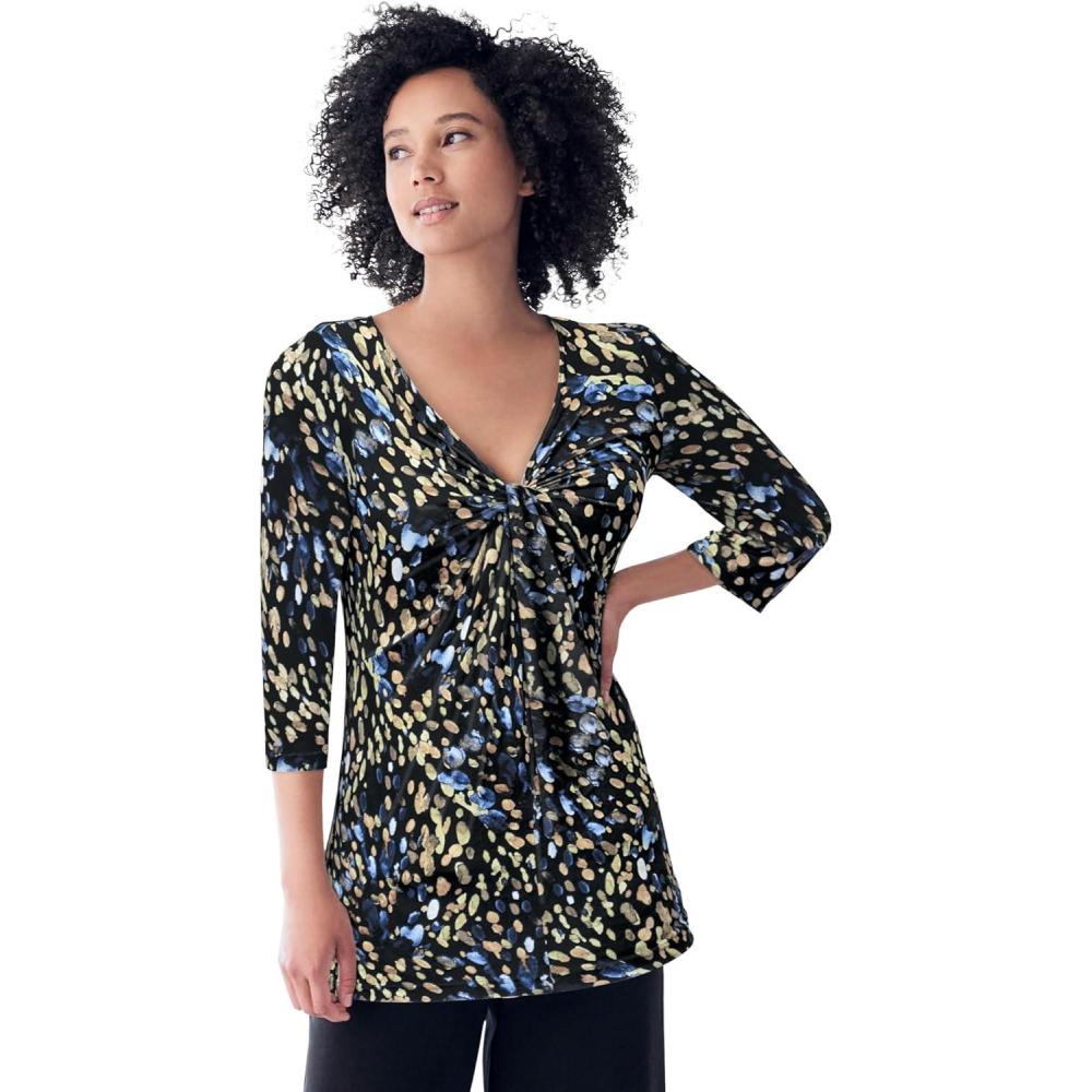 image:imageellos Plus Size Stretch Knit VNeck 34 Sleeve Knot Front TunicBlack Abstract Dot