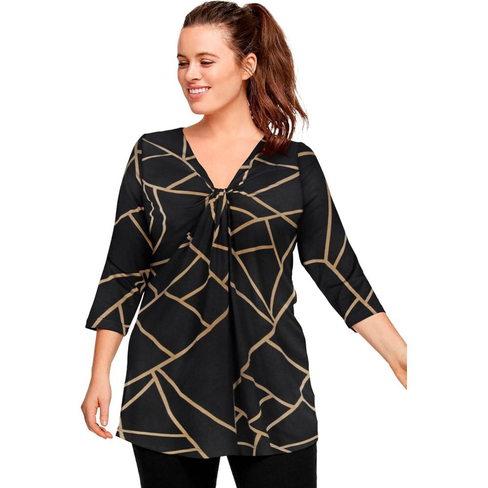 image:imageellos Plus Size Stretch Knit VNeck 34 Sleeve Knot Front TunicBlack Brown Sugar Geo