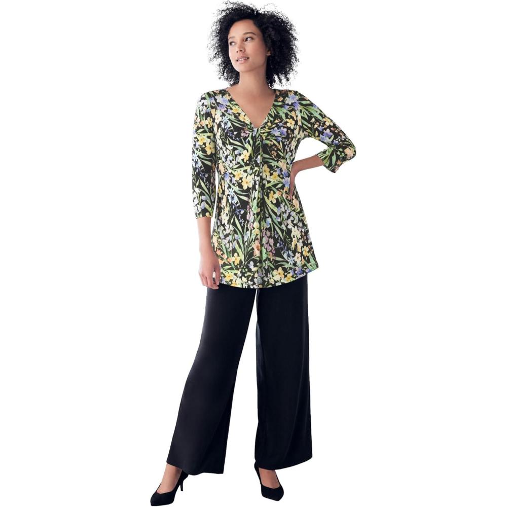 image:imageellos Plus Size Stretch Knit VNeck 34 Sleeve Knot Front TunicBlack Pastel Floral