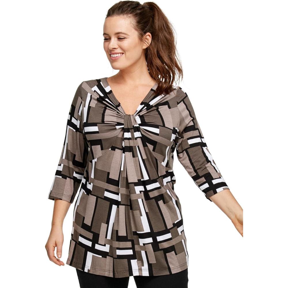 image:imageellos Plus Size Stretch Knit VNeck 34 Sleeve Knot Front TunicBlack White Print